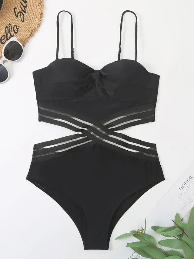 Women's Swimwear One Piece Monokini wrap Normal Swimsuit Cut Out Plain Black Bodysuit Bathing Suits Sports Beach Wear Summer
