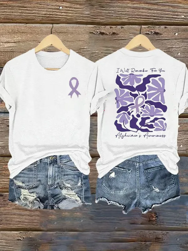 Women'S Alzheimer'S Awareness I Will Remember For You Floral Printed Short Sleeve T-Shirt