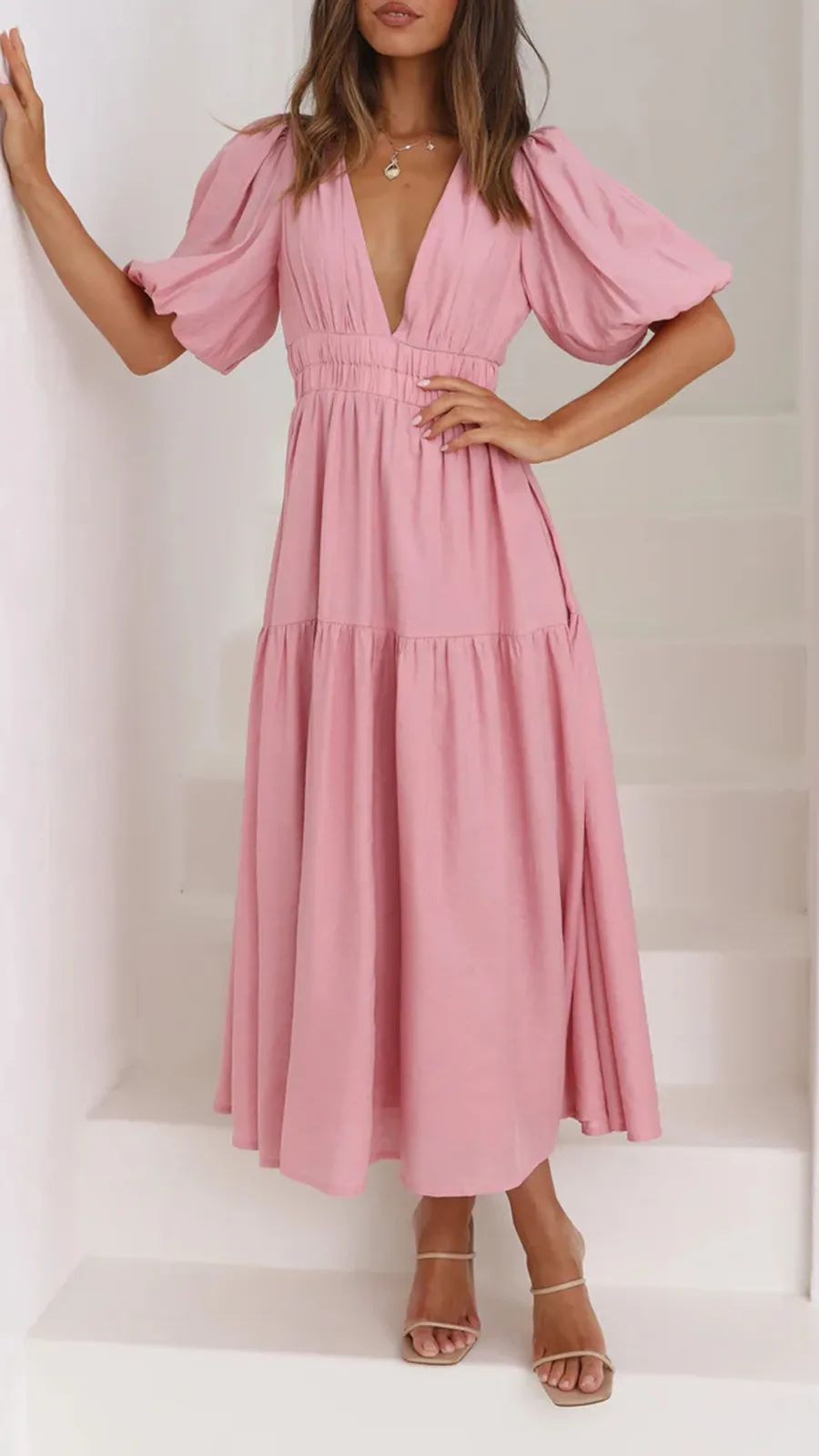 Solid Color Puffy Midi Dress