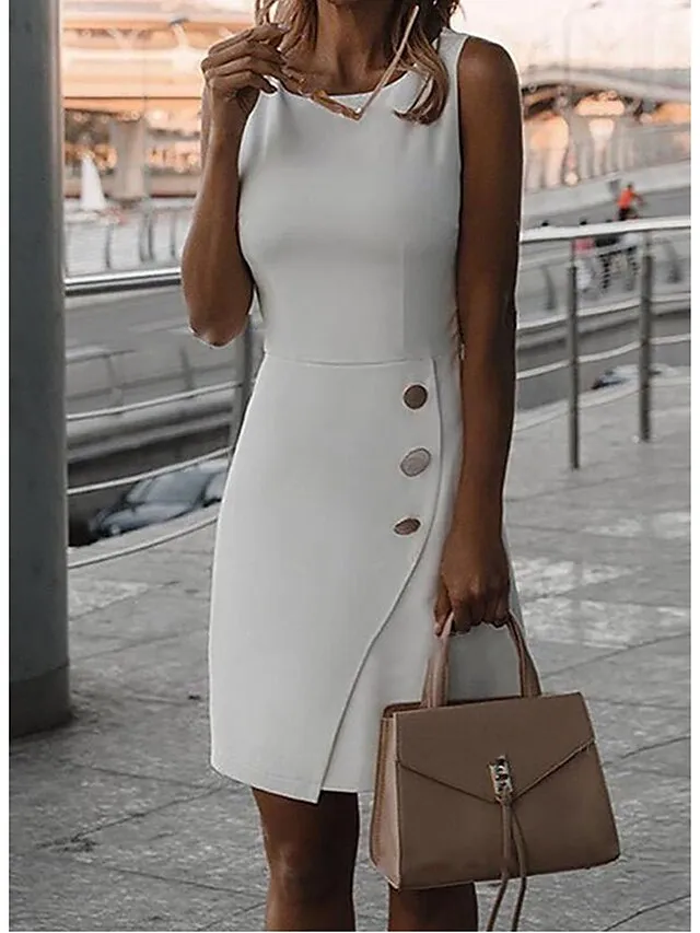 Women's Party Dress Work Dress Sheath Dress Mini Dress Black White Yellow Sleeveless Pure Color Button Summer Spring Fall Crew Neck Fashion Wedding Guest Vacation 2023 S M L XL XXL