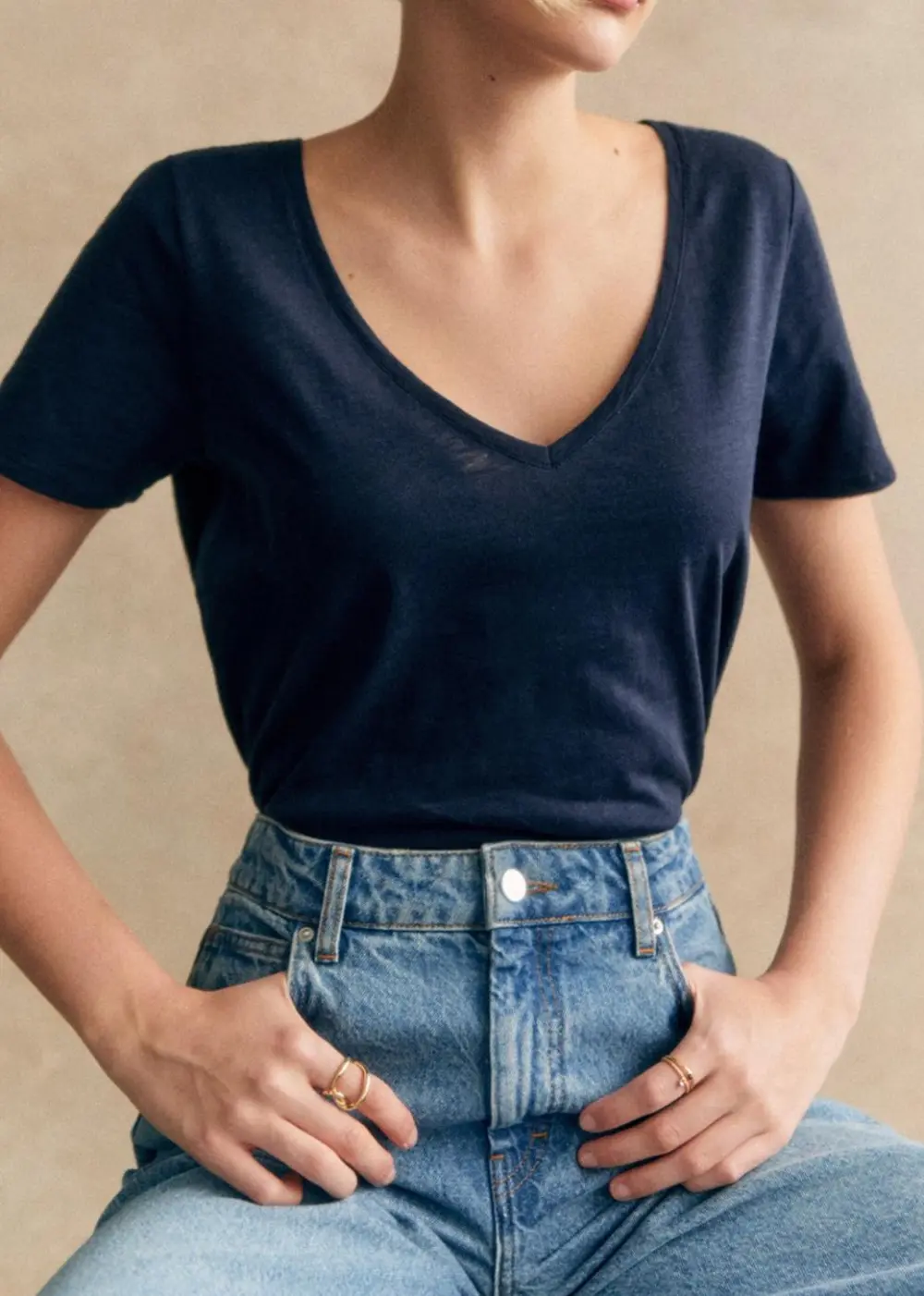 Short Cotton Solid Color V-neck T-shirt