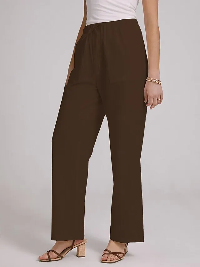 Women's Bootcut Culottes Wide Leg Chinos Cotton Faux Linen Solid Colored Baggy Mid Waist Lightweight Basic Wedding Daily Black White S M Spring &  Fall