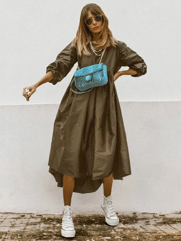 Loose High-Low Pleated Half Sleeves Round-Neck Midi Dress