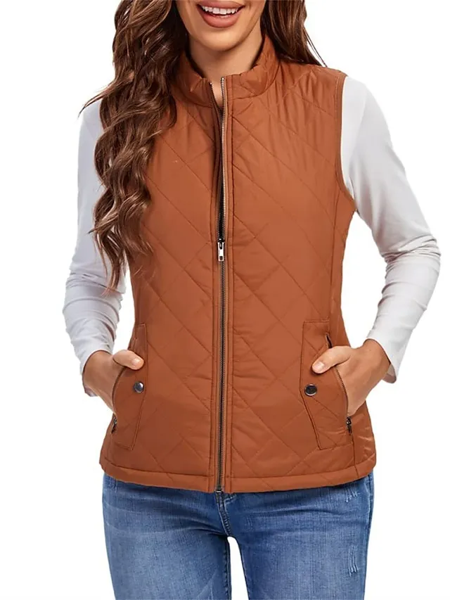 Women's Quilted Vest Crop Sleeveless Winter Coat Lightweight Puffer Gilet Warm Windproof Outerwear with Pockets Zip up Fall Street Casual Jacket Light Blue claret Sea Blue