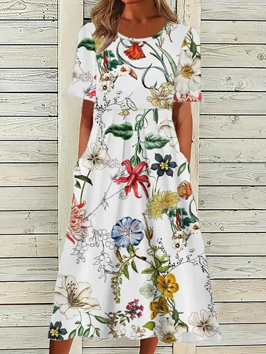 Casual Floral Print Crew Neck Pocket Short Sleeve Midi Dress
