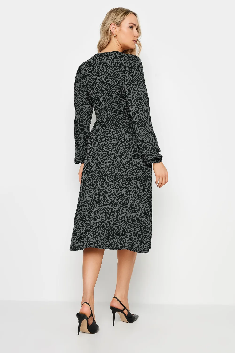 LTS Tall Charcoal Grey Leopard Print Midi Wrap Dress
