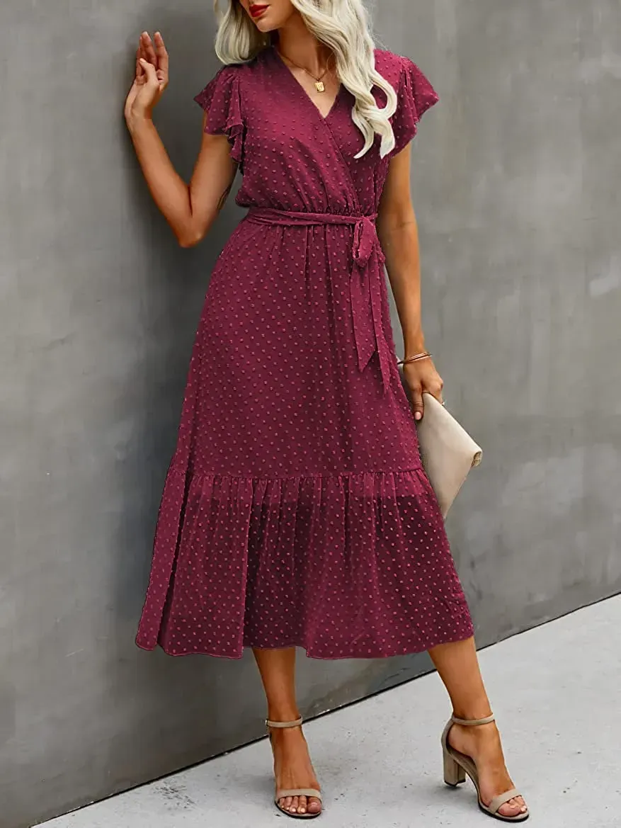 Women Summer Bohemian Floral Casual Wrap V Neck Ruffle Cap Sleeveless Belt A-Line Pleated Hem Swing Midi Sun Dress