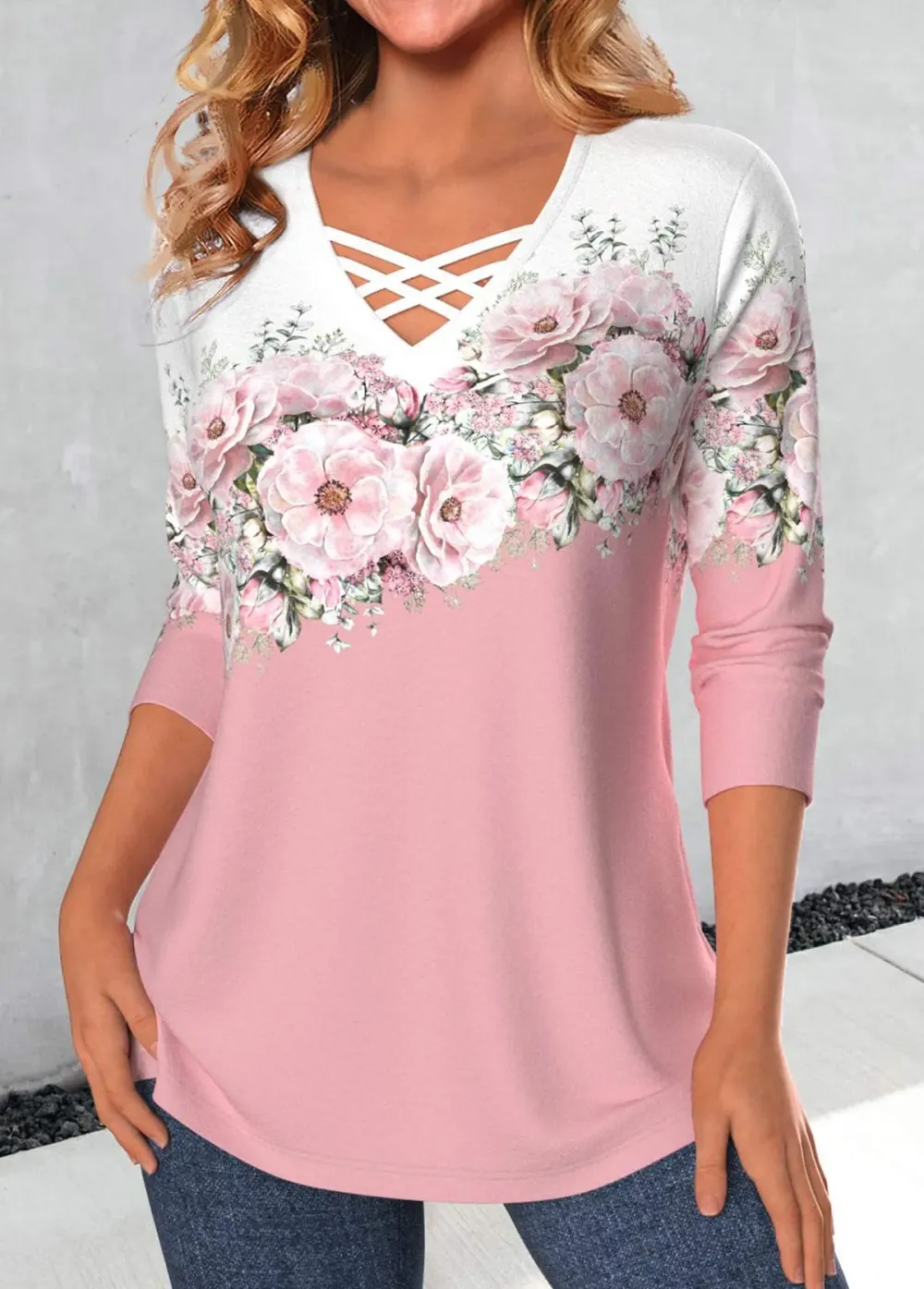 Pink Criss Cross Floral Print T Shirt