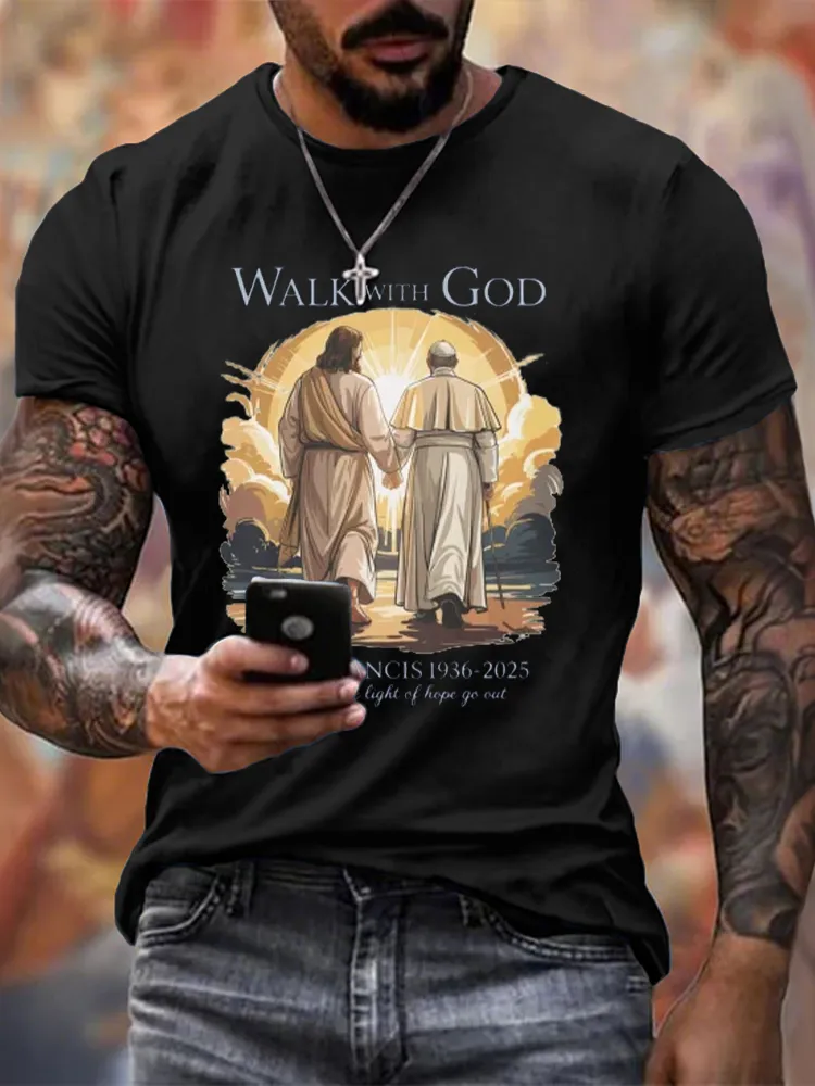 Men's Walk With God Print Short Sleeve Round Neck Cotton T-Shirt