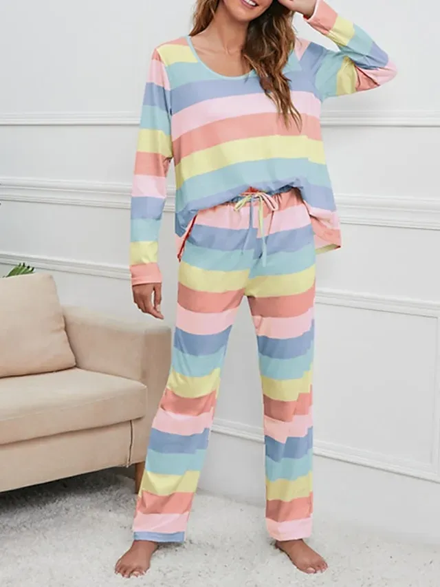 Women's Plus Size Pajamas Sets Nighty Pjs 2 Pieces Rainbow Stripe Fashion Comfort Soft Home Daily Bed Cotton Breathable V Wire Long Sleeve T shirt Tee Pant Fall Spring Blue Yellow