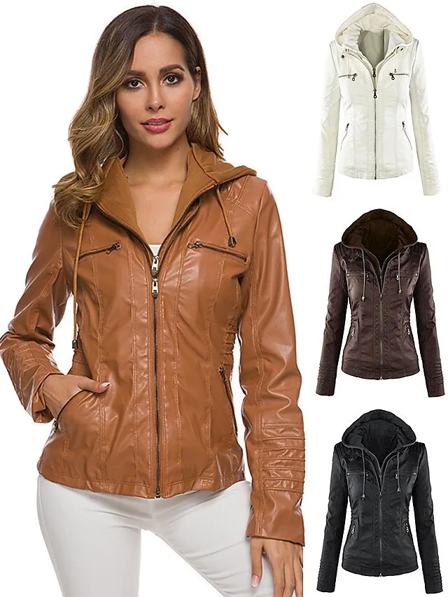 Women's Faux Leather Fall Hoodie Moto Biker Hoodie Jacket Windproof Warm Pocket Sports Solid Color Maillard Outerwear Long Sleeve Winter Fall Black Camel Red Street Casual Daily  M L XL