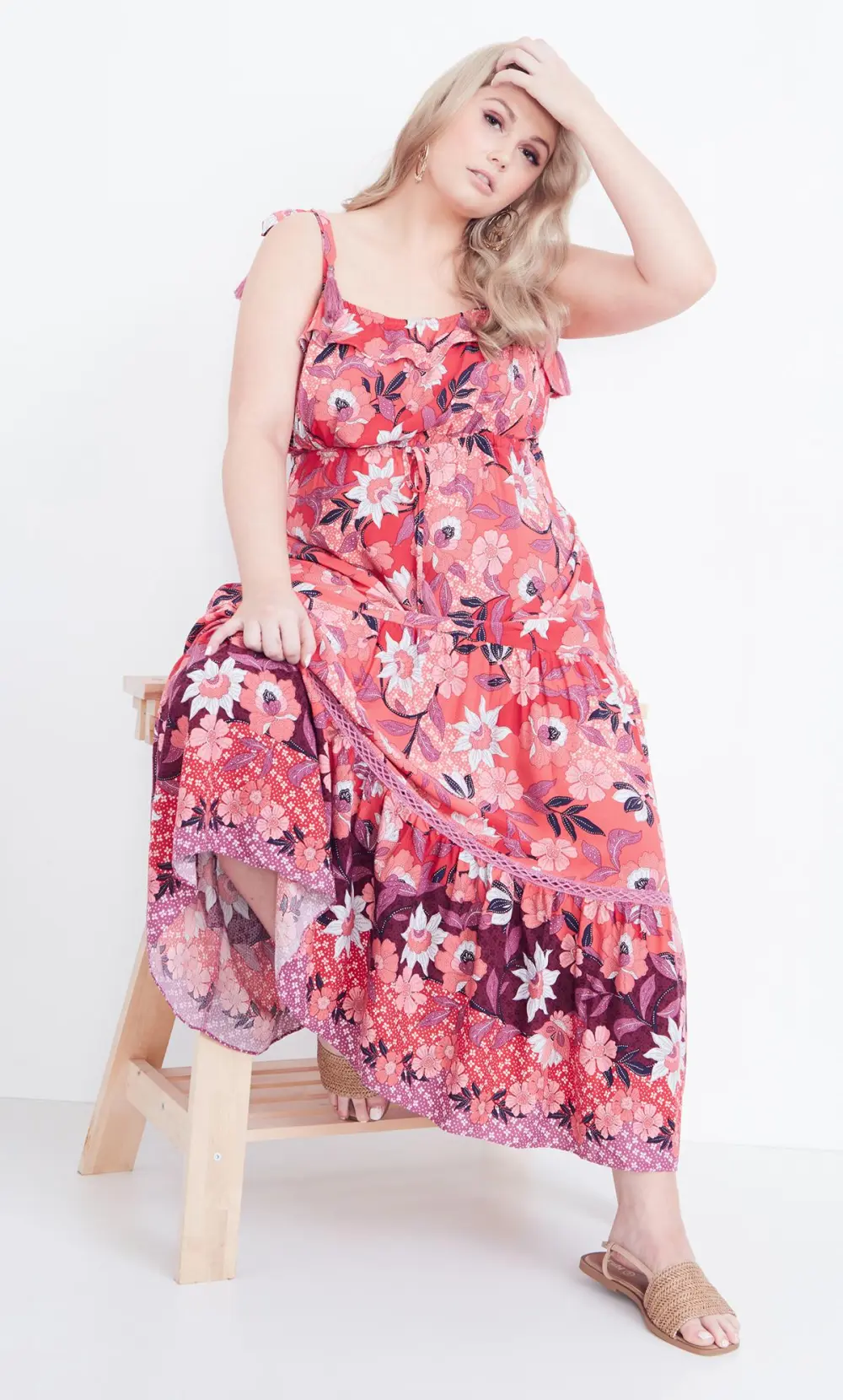 Evans Pink Floral Print Crochet Hem Midi Dress