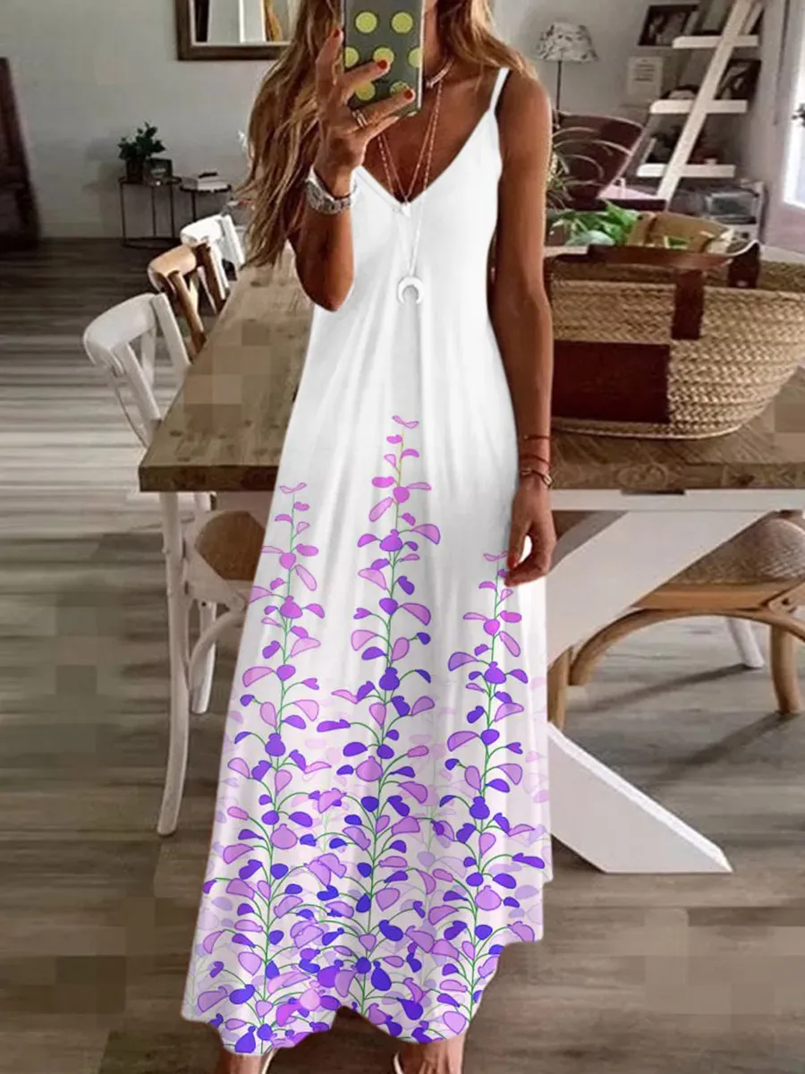 Casual Flower Print Suspender Dress