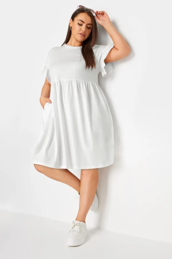 YOURS Curve Black & White Stripe Frill Sleeve Smock Tunic Dress