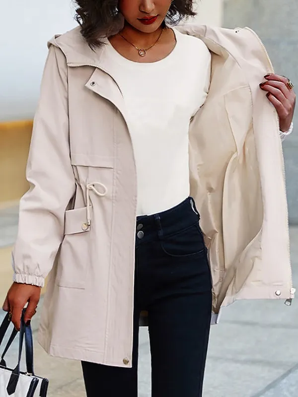 Women's Trench Coat Fall Outdoor Zipper Plain Breathable Streetwear Regular Fit Outerwear Long Sleeve Black M