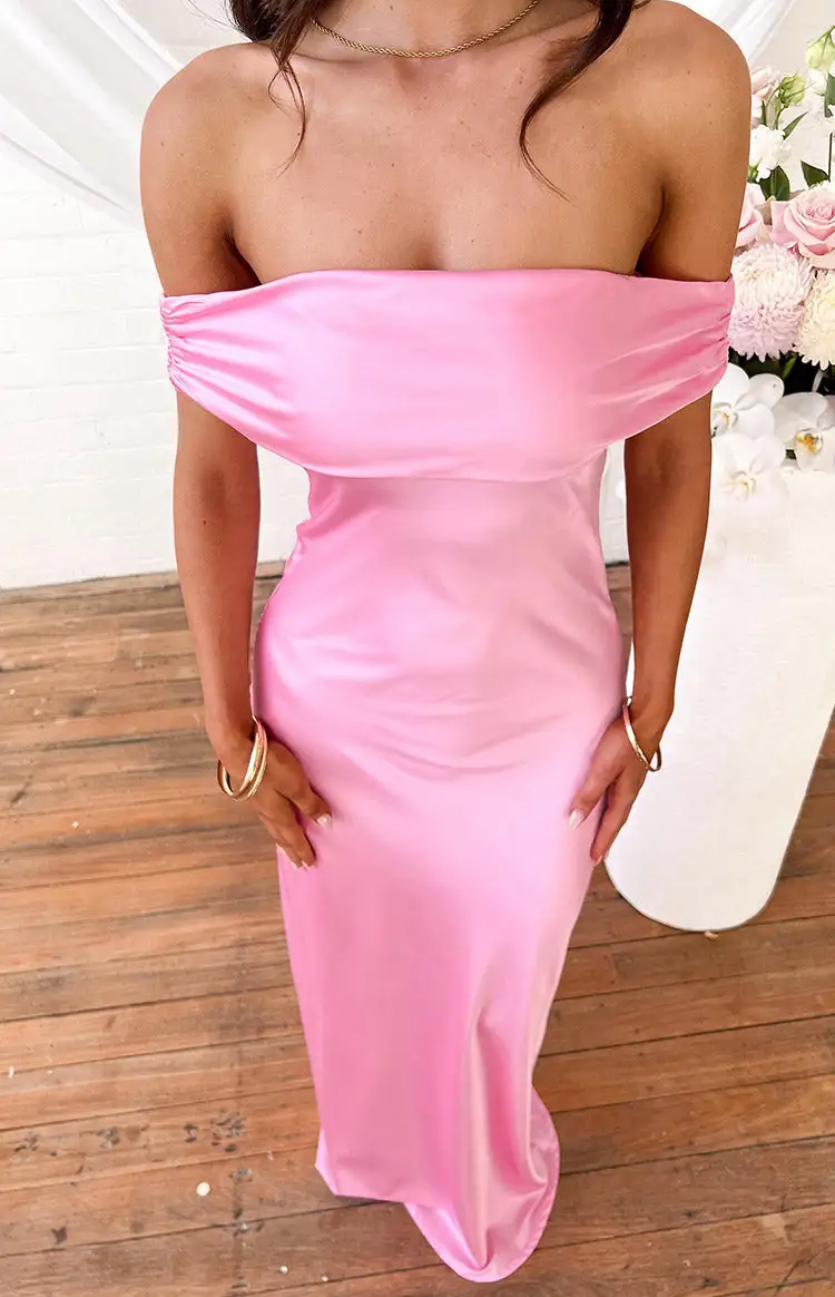 Off  Shoulder Pink Satin Maxi Dress