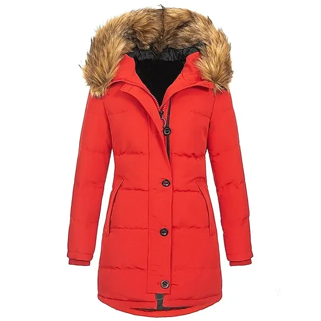 Women's Parka Thicken Puffer Jacket Fleece Winter Coat with Fur Collar Fall Warm Windproof Hooded Jacket Stylish Casual Street Jacket with Pockets Long Sleeve Black White Red