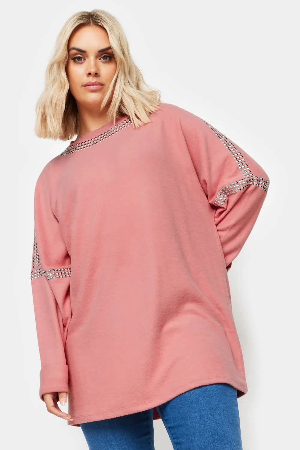 YOURS Curve Pink Stud Neckline Embellished Jumper