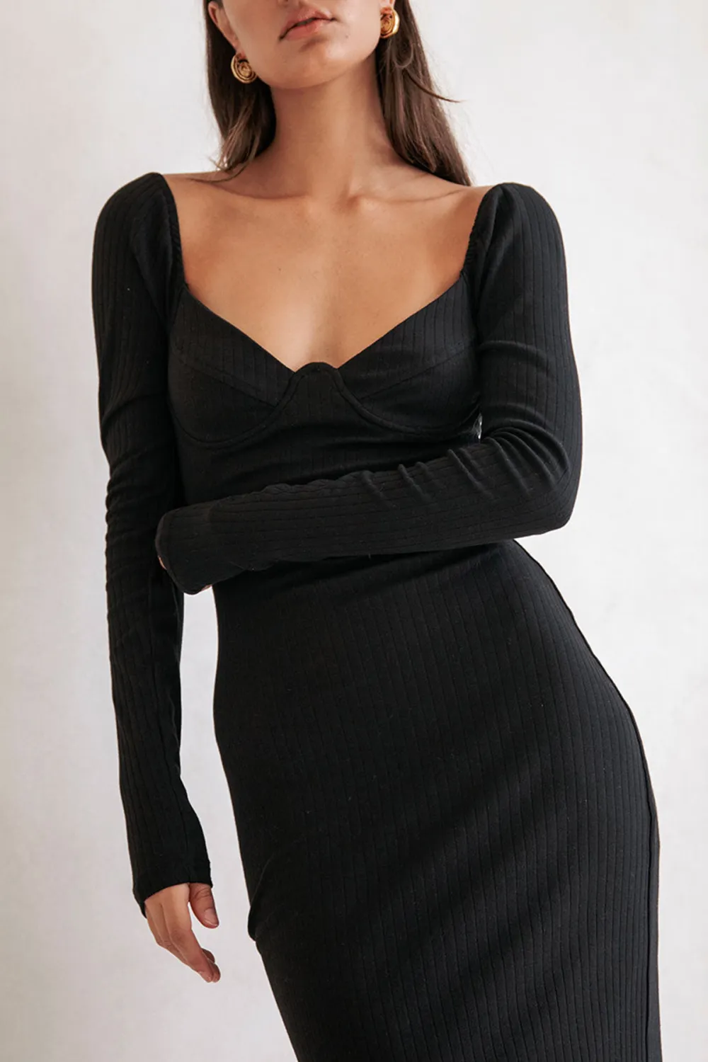 Long Sleeve Sweetheart Neck Bodycon Midi Dress
