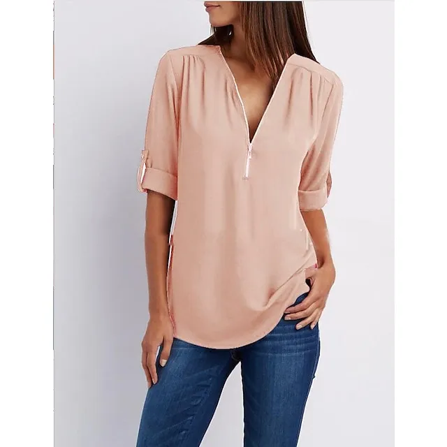 Women‘s Blouse Shirt Zipper Basic Plain Daily V Neck T-shirt Sleeve Regular Summer White Black Pink Grey Dark Blue