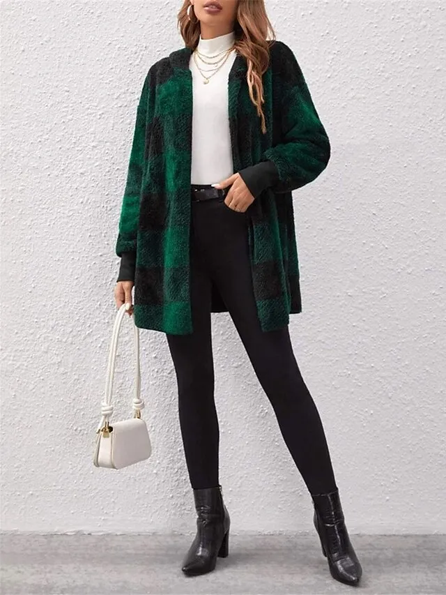 Women's Fleece Jacket Teddy Coat Hoodie Jacket Warm Breathable Street Daily Wear Vacation Going out Pocket Fleece Lined Open Front Hoodie Casual Street Style Stripes and Plaid Regular Fit Outerwear