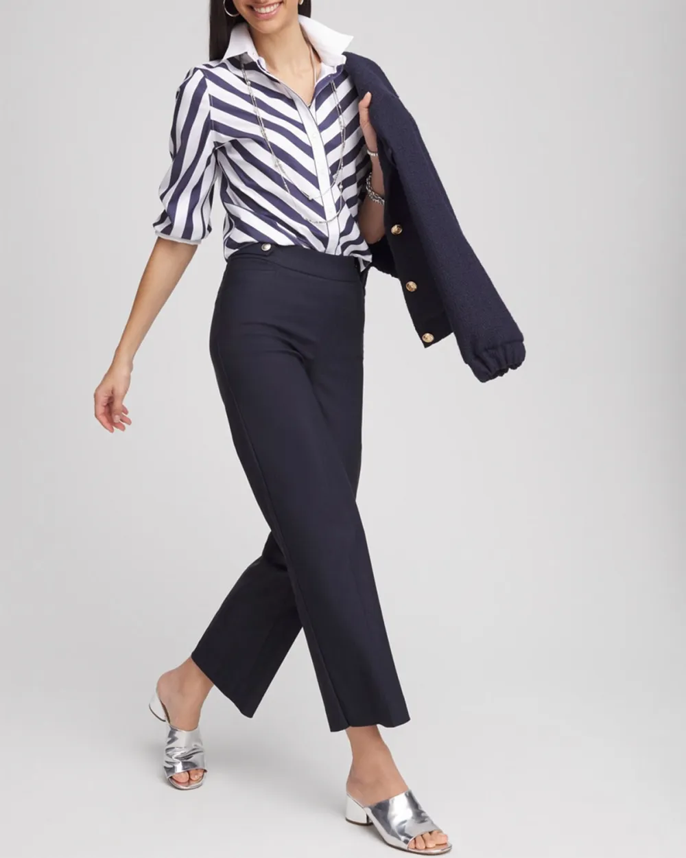 Navy Blue High Waisted Straight Leg Trousers