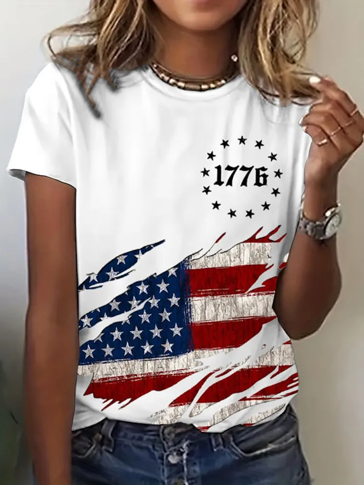 Women'S Shirt With National Flag Print Round-Neck Short-Sleeved T-Shirt