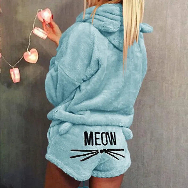 Women's Loungewear Fluffy Pajama Fuzzy Sweatsuit Sets 2 Pieces Animal Cat Warm Plush Comfort Home Street Daily Fleece Hoodie Long Sleeve Hoodie Shorts Elastic Waist Fall Winter Pink Navy Blue