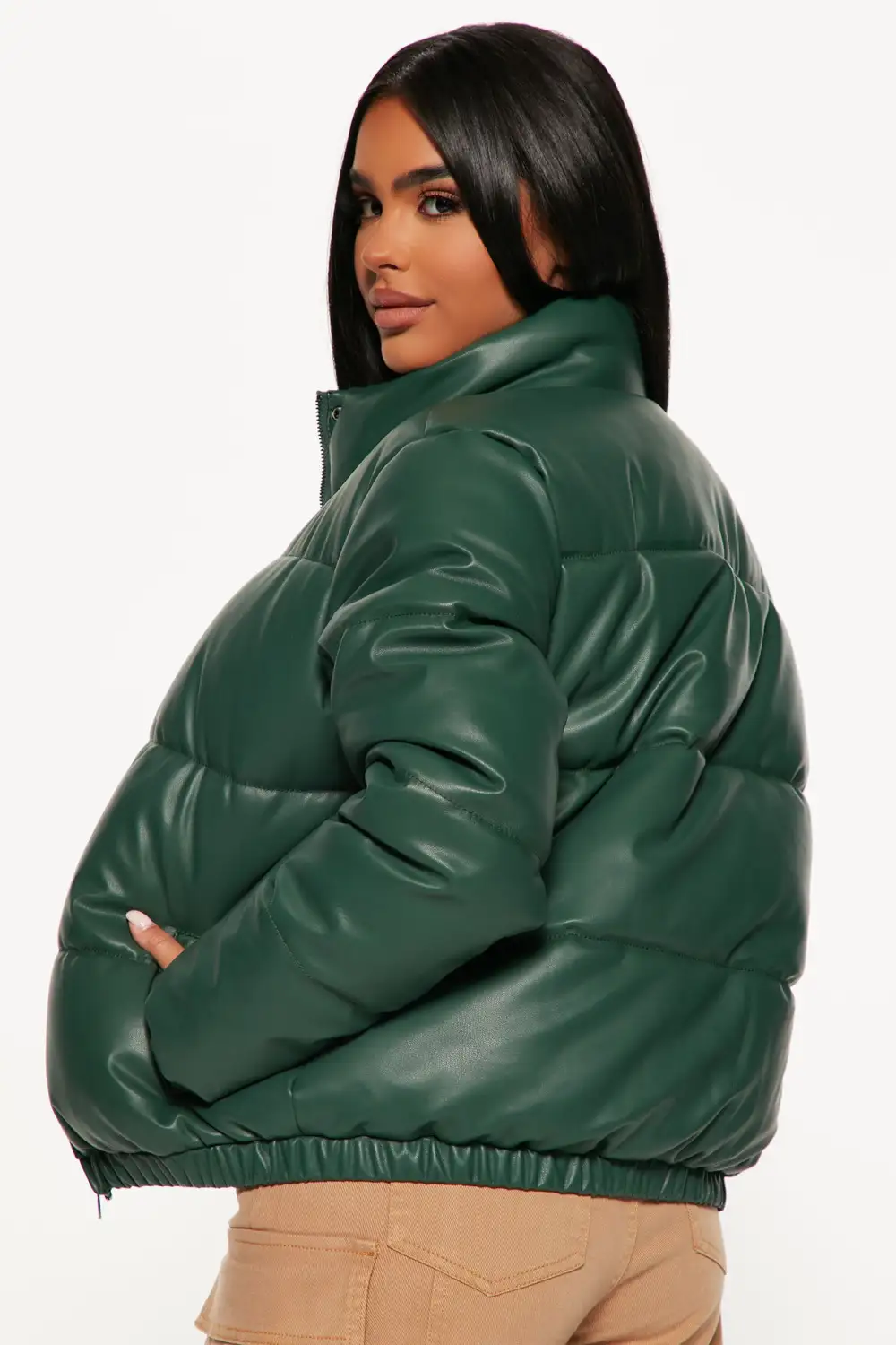 Upgrade You Faux Leather Puffer Jacket - Hunter