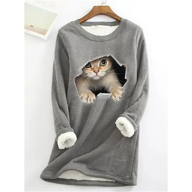 Women's Plus Size Sweatshirt Pullover Cat Teddy Sherpa Fleece Denim Blue Black White Street Casual Round Neck Long Sleeve Top Micro-elastic Fall & Winter