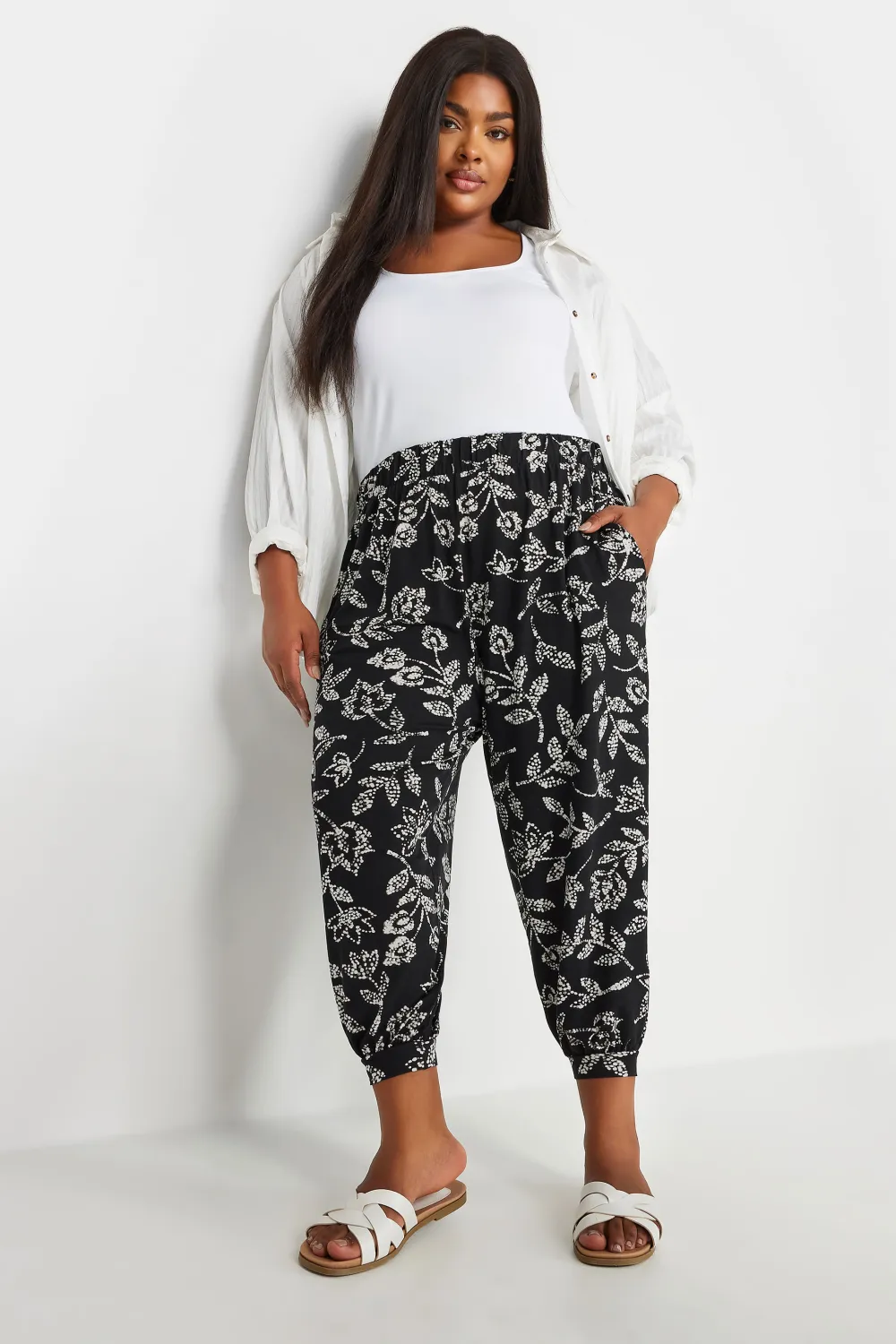 YOURS Curve Beige Brown Leaf Print Cropped Harem Trousers