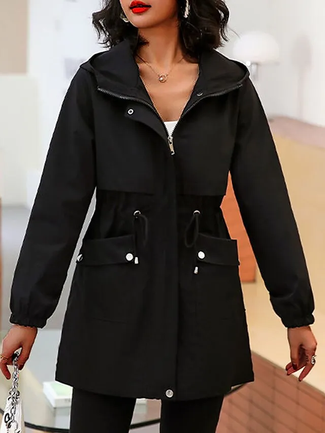 Women's Trench Coat Fall Outdoor Zipper Plain Breathable Streetwear Regular Fit Outerwear Long Sleeve Black M