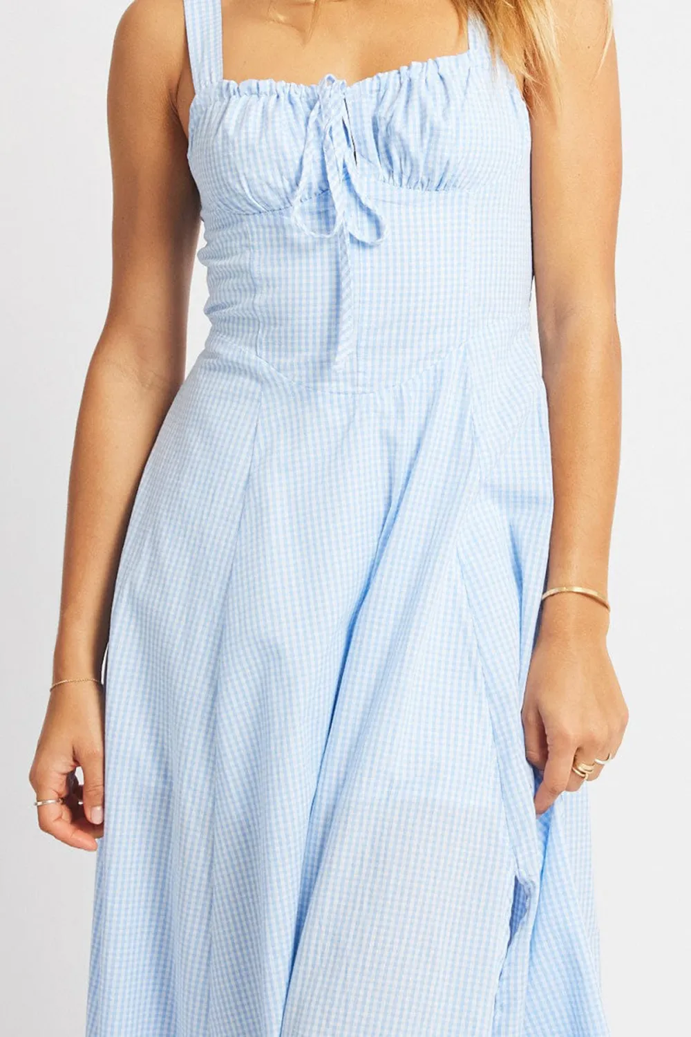 Blue Check Midi Dress Gathered Bust