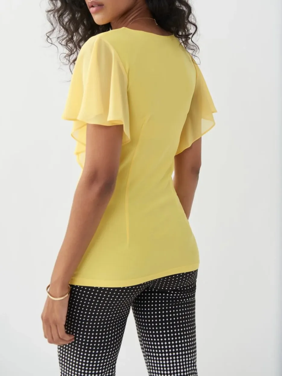 Yellow Ruffled V - Neck Short - Sleeve Top
