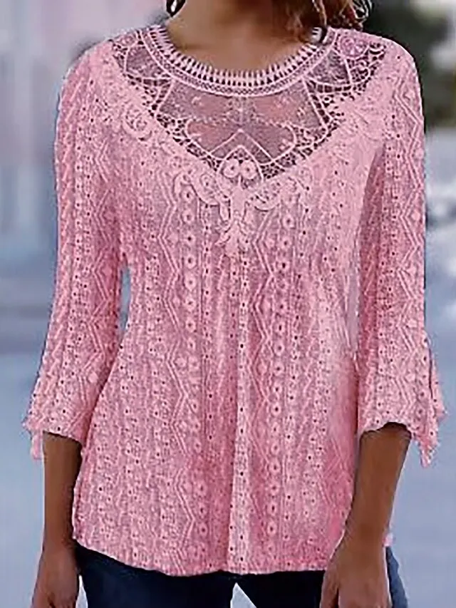 Women's Shirt Blouse Black White Pink Plain Lace 3/4 Length Sleeve Casual Vintage Fashion Basic Round Neck Regular Fit