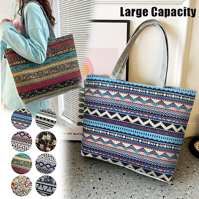 Women's Tote Shoulder Bag Canvas Tote Bag Canvas Shopping Daily Zipper Large Capacity Foldable Lightweight Striped Patchwork Folk Red stripes Red square Black square