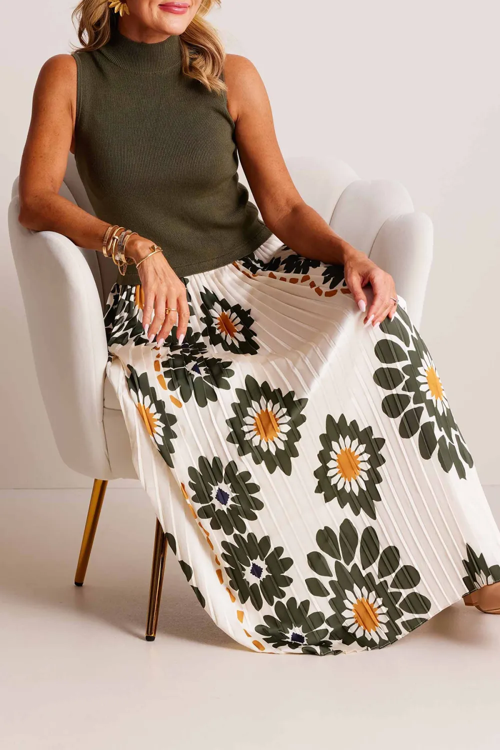 Olive Green Top with Floral Print Maxi Skirt Set