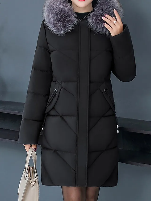 Women's Parka Long Puffer Jacket Winter Coat Zip up Coat with Fur Collar Thermal Warm Heated Coat Fall Outerwear with Pockets Warm Classic Long Sleeve Purple Red