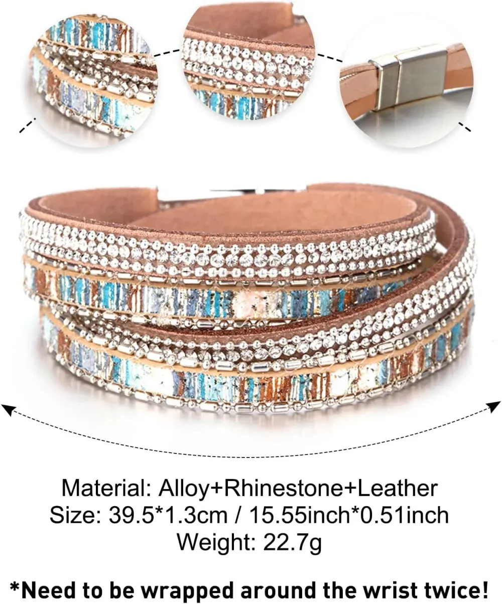 Fesciory Leather Wrap Bracelets for Women, Boho Leopard Multi-Layer Crystal Beads Cuff Bracelet Jewelry