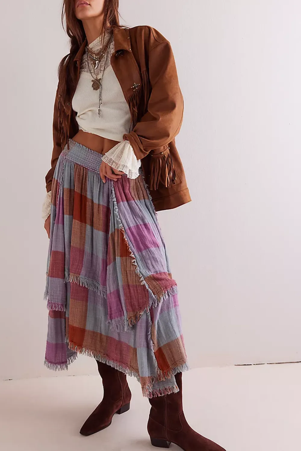 Plaid Patchwork Asymmetric Midi Skirt