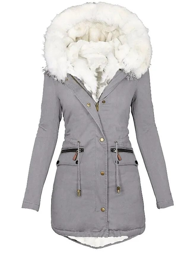 Women's Parka Fleece Lined Puffer Jacket Thicken Winter Coat with Fur Collar Hood Thermal Warm Heated Jacket with Pockets Fall Windproof Zipper Drawstring Outerwear Long Sleeve
