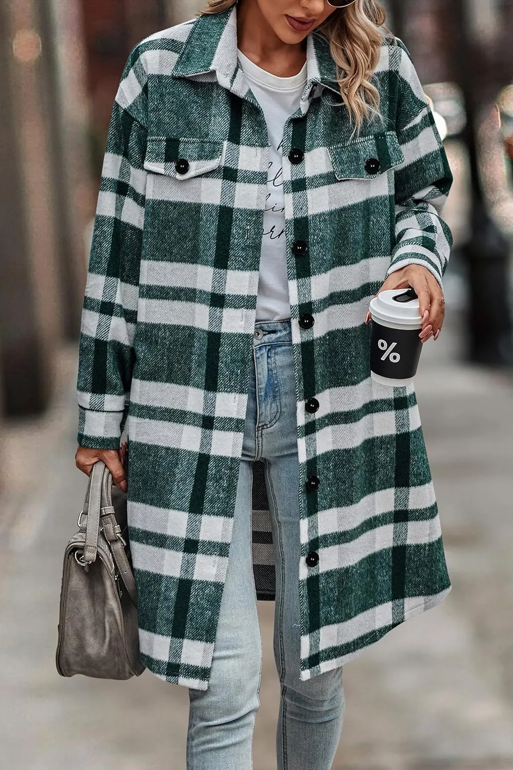 Women's Plaid Shacket 2023 Long Sleeve Button Up Flannel Shirt Winter Tartan Jacket Woolen Coats