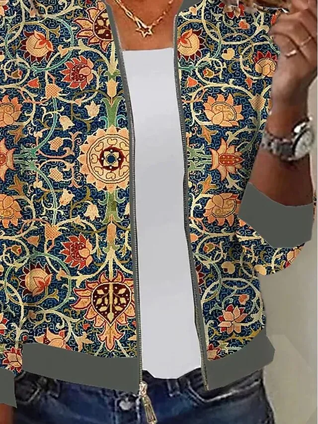 Women's Bomber Jacket Zip up Casual Jacket Fall Floral Print Baseball Jackets Outerwear Long Sleeve Fall  Spring Green Casual Daily