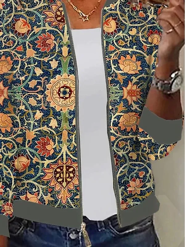 Women's Bomber Jacket Zip up Casual Jacket Fall Floral Print Baseball Jackets Outerwear Long Sleeve Fall  Spring Green Casual Daily