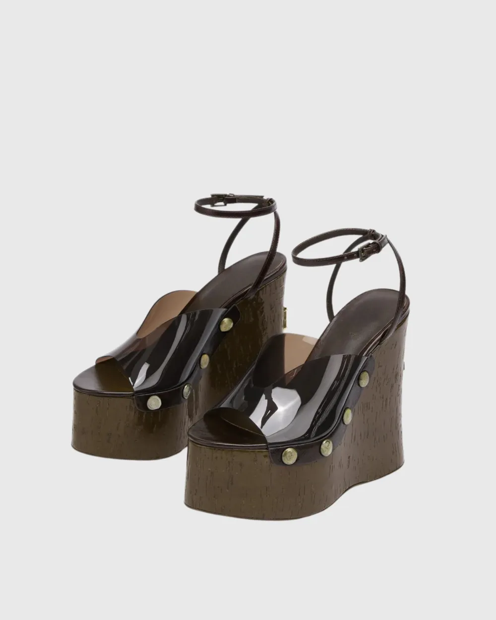 PVC Panel Wedge Platform Sandals in Brown