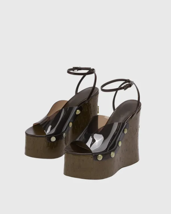 PVC Panel Wedge Platform Sandals in Brown