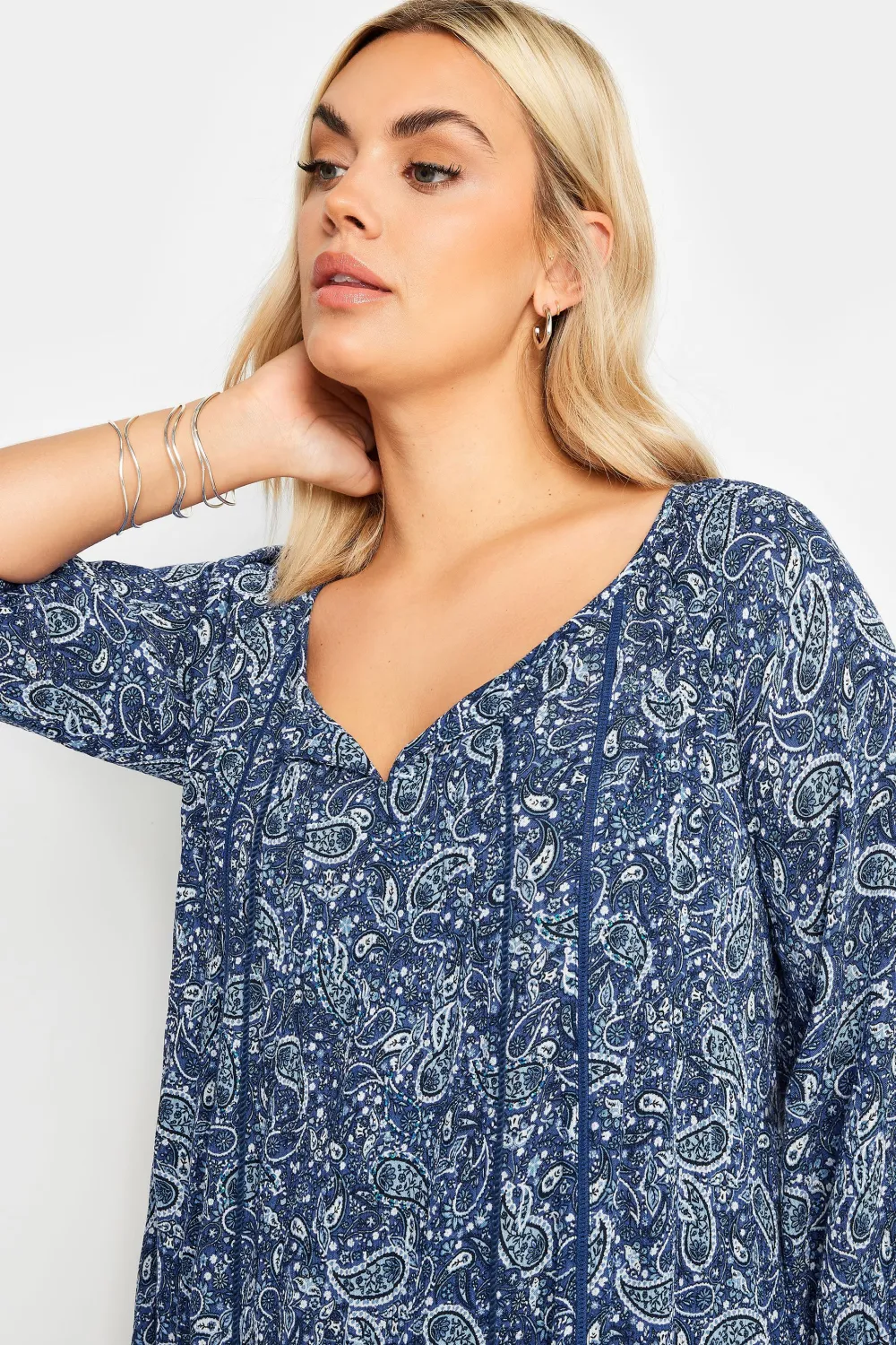 YOURS Curve Navy Blue Paisley Print Tie Neck Blouse