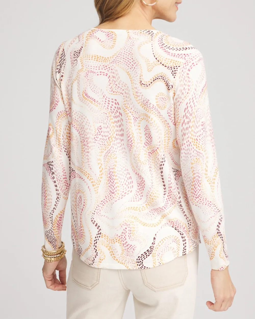 White and Pink Patterned Long Sleeve V-Neck Sweater