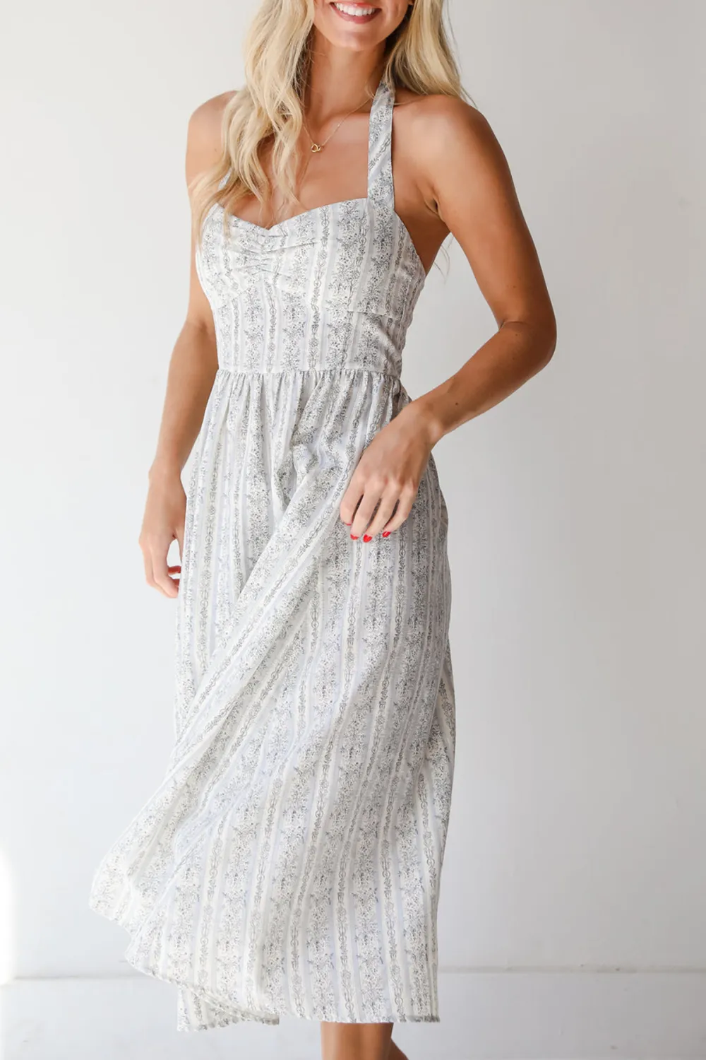 Breezy Composure Blue Striped Floral Halter Midi Dress