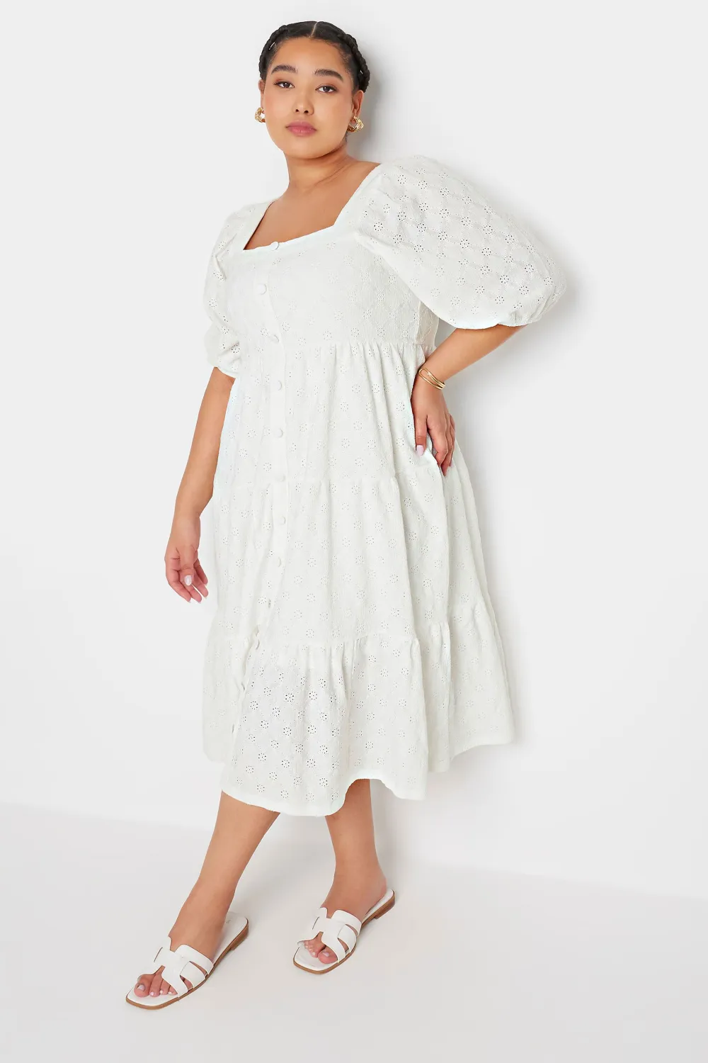 YOURS Curve White Broderie Anglaise Button Front Dress